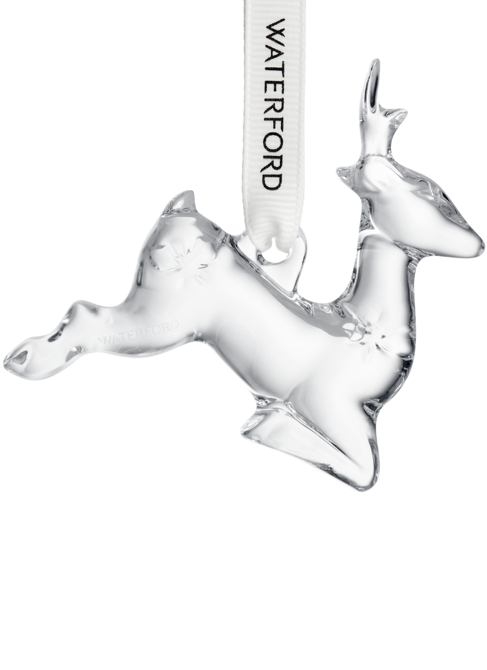 Waterford Crystal Mini Reindeer Ornament featuring a smooth prancing reindeer with star-cut details, hanging from a gold and white satin ribbon